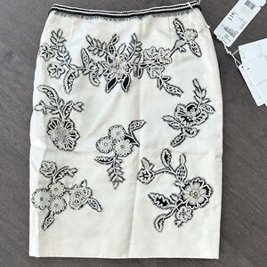 Escada White Pencil Skirt with Black Floral Embroidery